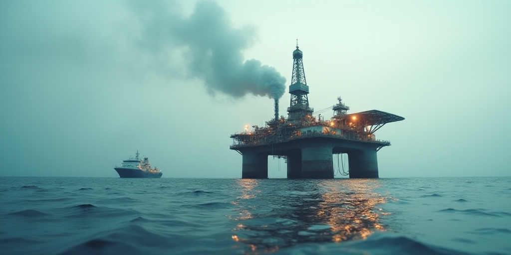 a large oil rig in the middle of the ocean with a boat in the background and smoke coming out of it,