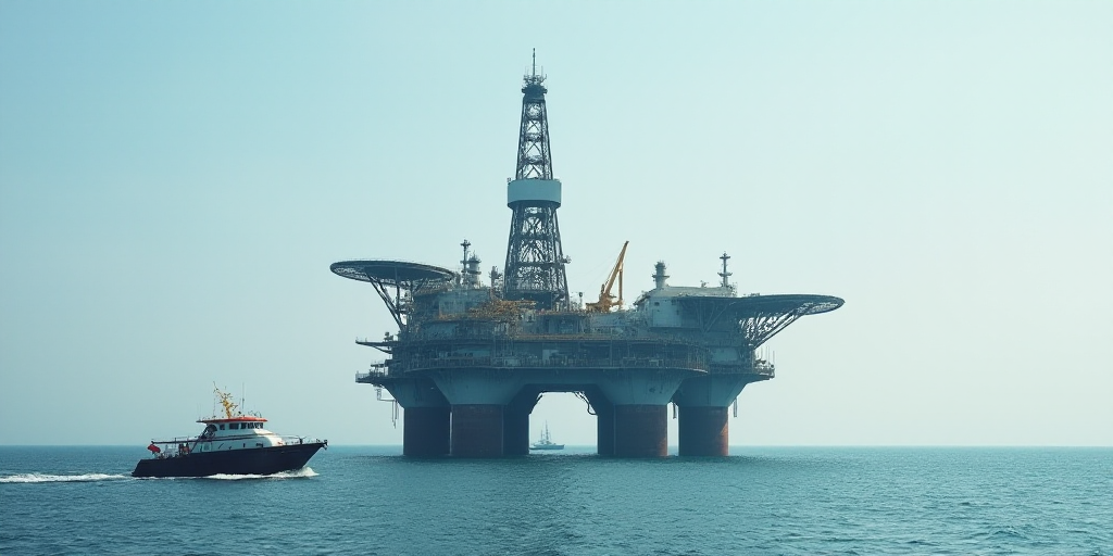 a large oil rig sitting on top of a large body of water next to a boat in the ocean, Andreas Gursky,