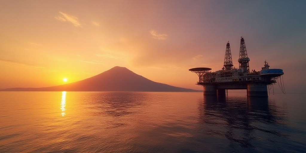 a large oil rig sitting on top of a large body of water at sunset with a mountain in the background,