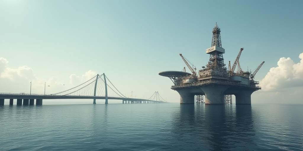 a large oil rig sitting on top of a large body of water next to a bridge over water with lots of cra