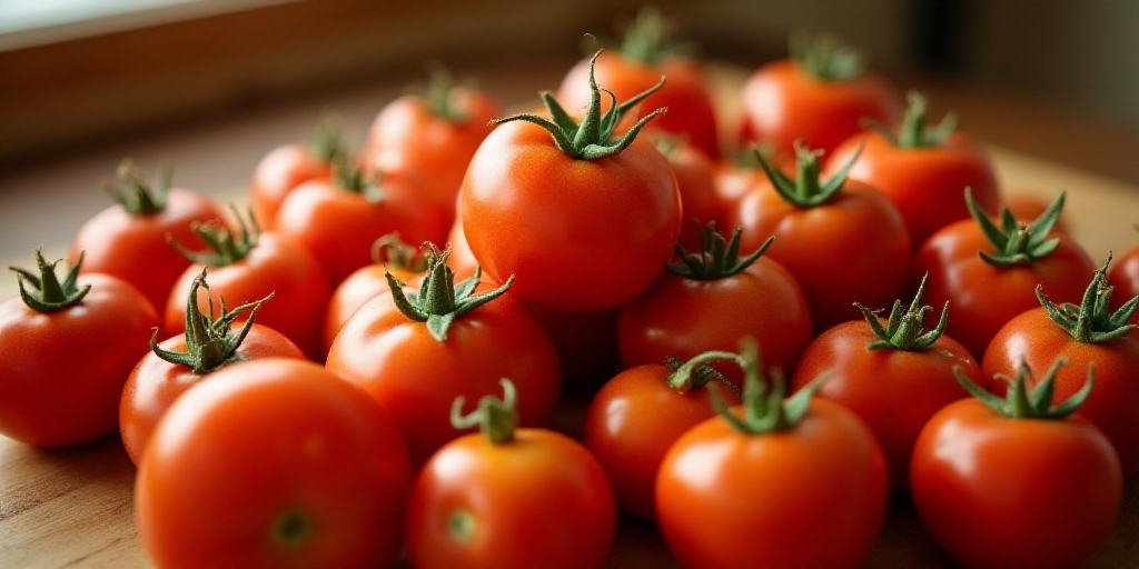 a large pile of tomatoes with green stems on them and one tomato on the top of the pile, with a few