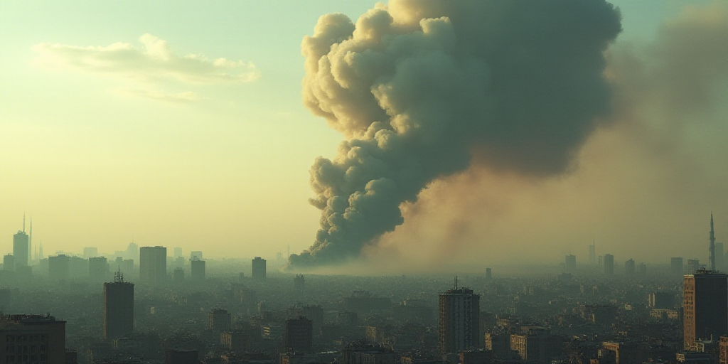a large plume of smoke billows from a building in the city of a city with buildings in the backgroun
