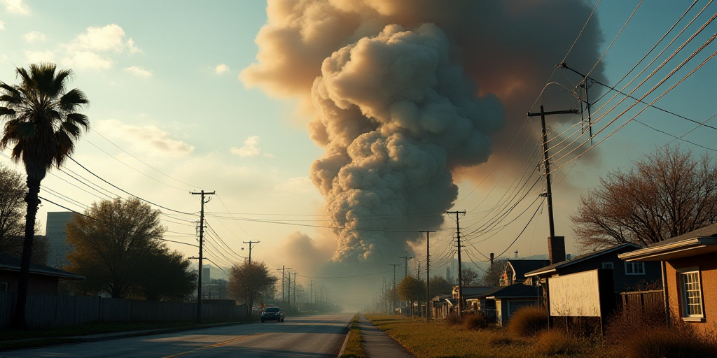 a large plume of smoke is coming out of a building in the city, with a sign in the foreground, Elbri
