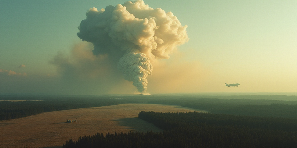 a large plume of smoke is seen from an airplane as it flies over a field and forest area in the dist