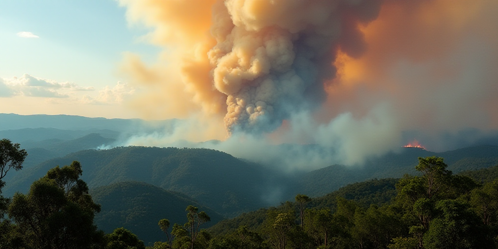 a large plume of smoke rising from a forest fire in the distance with trees in the foreground and a