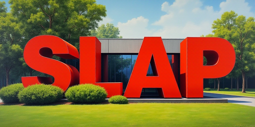 a large red sign that says slap in front of a building with trees and bushes in the background and a