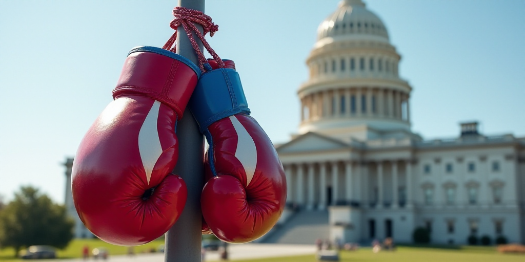 a large red, white and blue boxing gloves are tied to a pole in front of the capitol building, Denni
