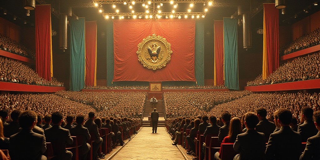 a large room filled with people and a podium with a flag on it's side and a stage with a podium in t