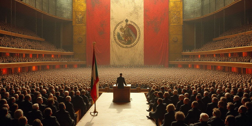 a large room filled with people and a podium with a flag on it's side and a stage with a podium in t