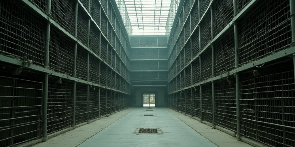 a large room with a bunch of metal cages in it's walls and a door leading to another room, Ai Weiwei