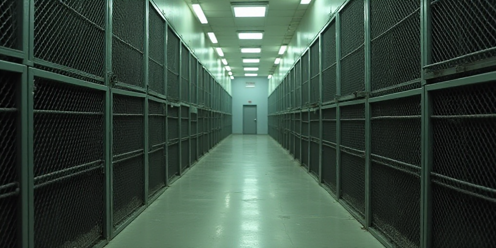 a large room with a bunch of metal cages in it's walls and a door leading to another room, Ai Weiwei