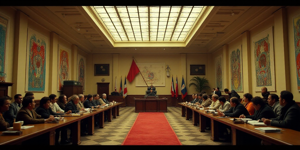 a large room with a bunch of people sitting at tables in it and a flag on the wall behind the desk,