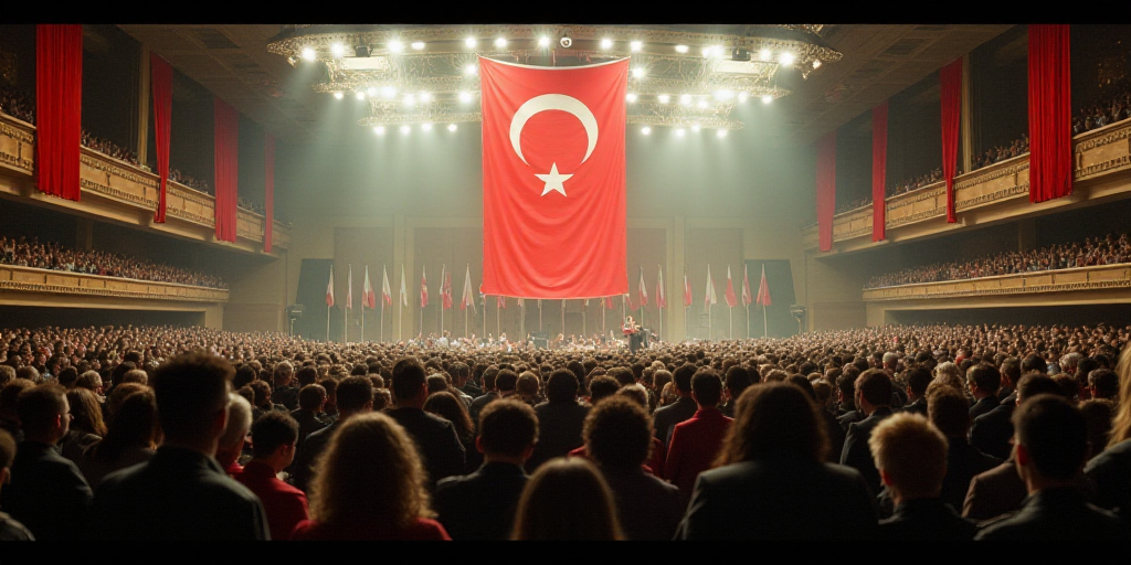 a large room with a lot of people in it and a flag hanging from the ceiling and a flag hanging from