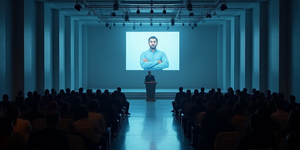 a large room with a podium and a screen on the wall with a man on it and people sitting in the chair