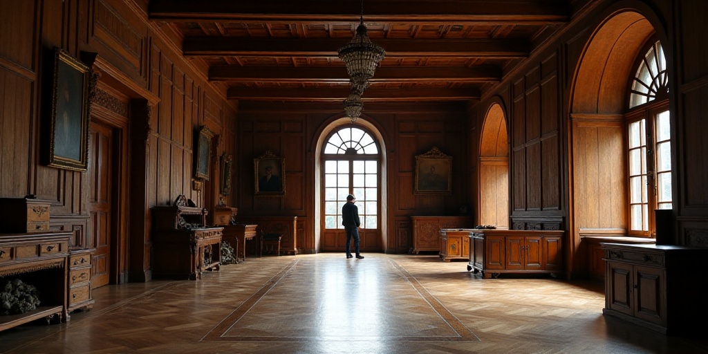 a large room with lots of wooden furniture inside of it and a person standing in the distance lookin