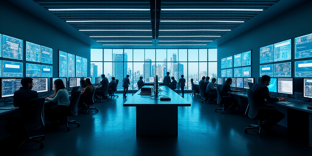 a large room with many monitors and people standing around it in a building with a lot of windows an