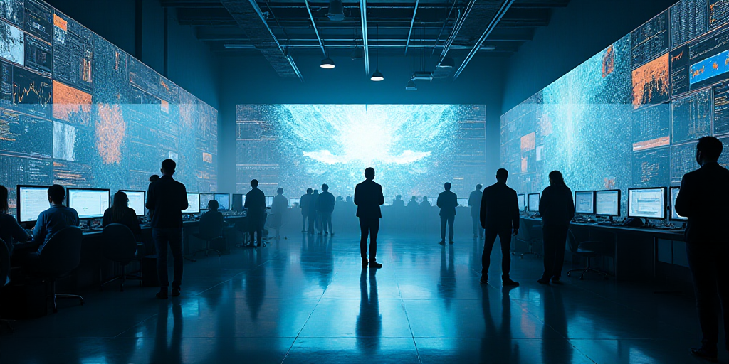 a large room with many monitors and people walking around it and a man standing in the middle of the