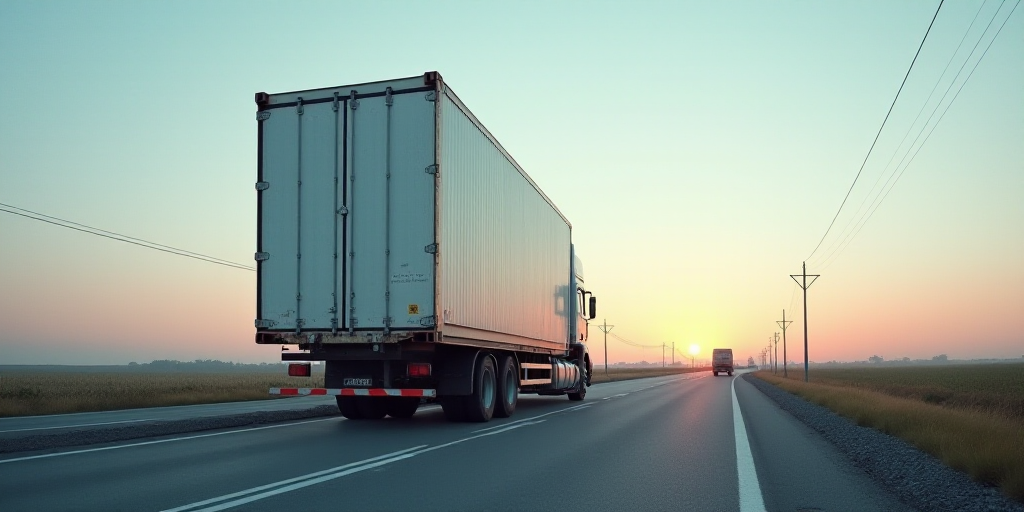 a large sign is in front of a large container on a road with a sky background and a few cars, Carles