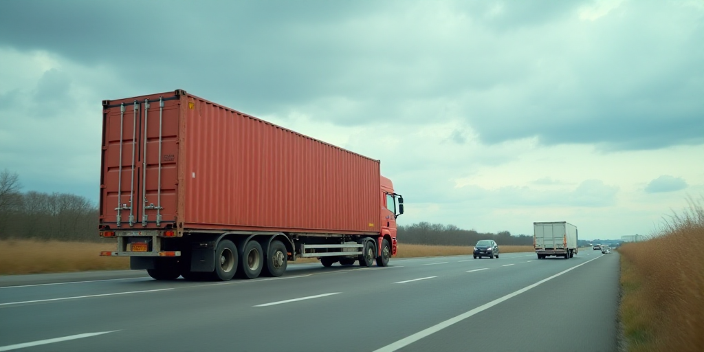 a large sign is in front of a large container on a road with a sky background and a few cars, Carles