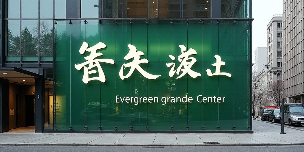 a large sign on the side of a building that says evergreen grande center in japanese writing on the