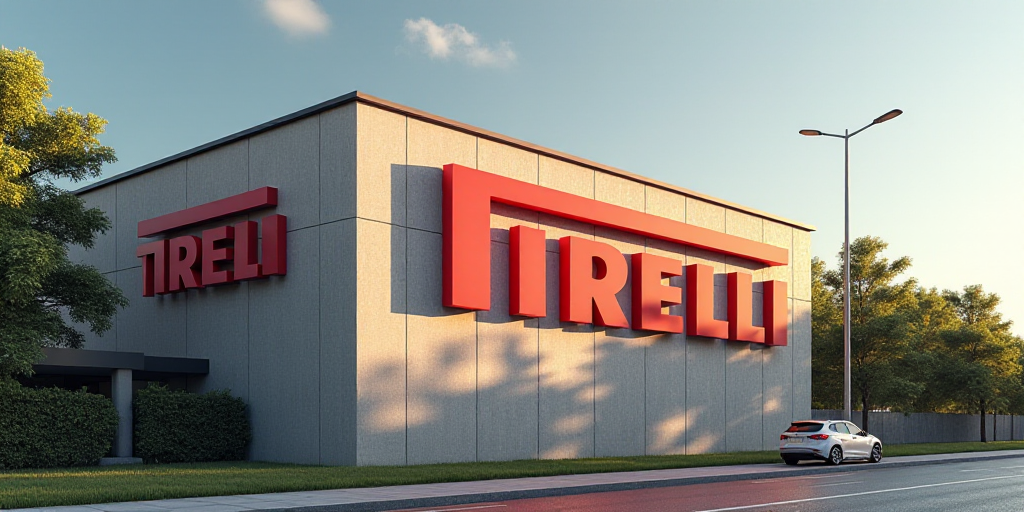 a large sign on the side of a building that says tirelli on it's side and a light pole in front of i