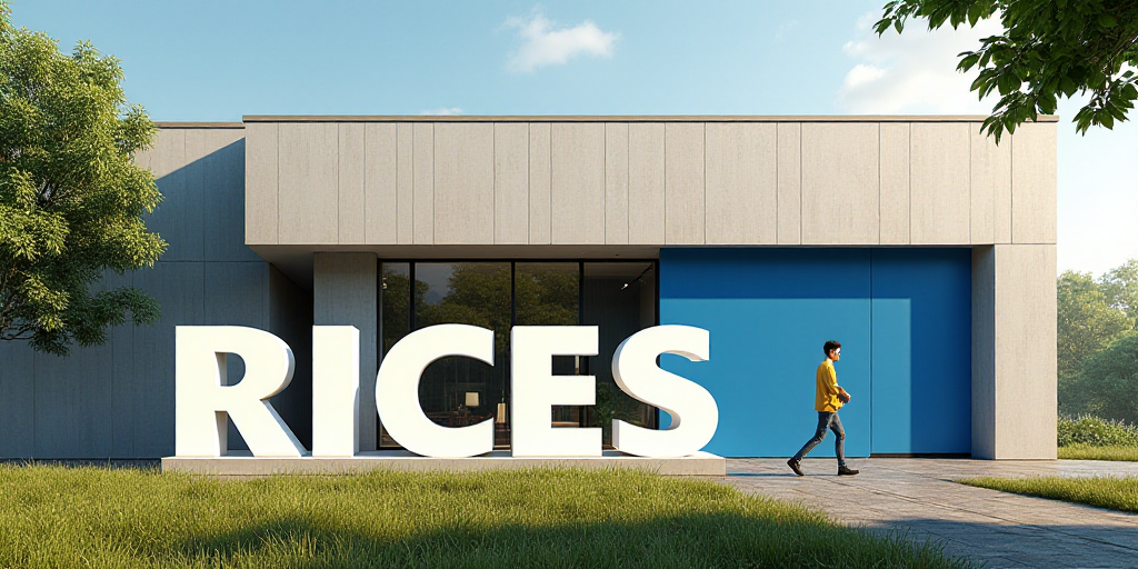 a large sign that says rices in front of a building with a man walking by it and a blue and white si