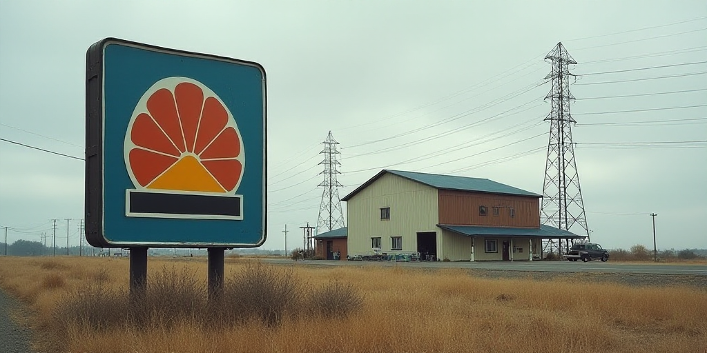 a large sign with a logo on it in front of a building with a power line in the background, Carles De
