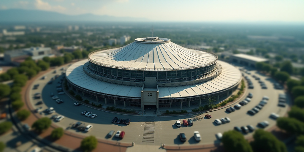 a large stadium with a large dome on top of it's roof and a parking lot below it, Eddie Mendoza, zen