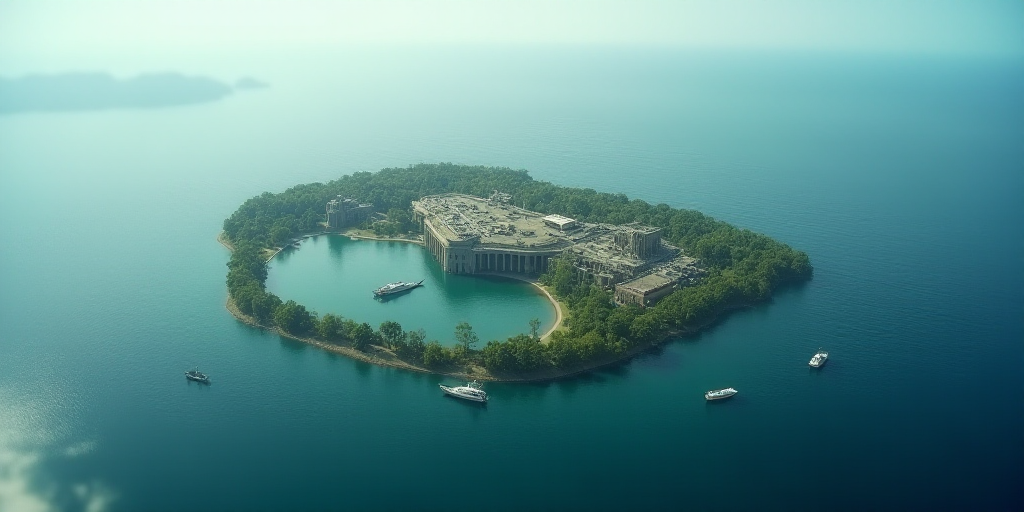 a large structure in the middle of the ocean with boats in the water around it and a few boats in th