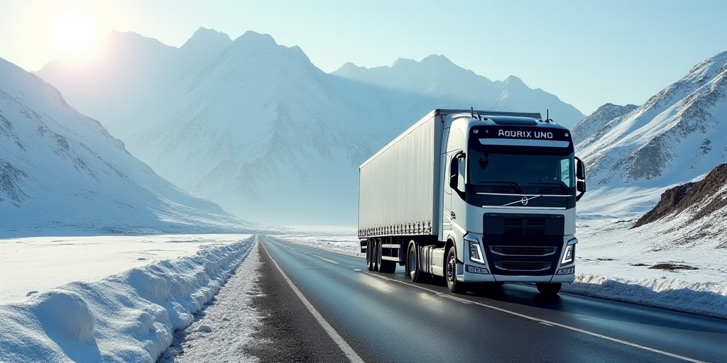 a large truck driving down a road next to a mountain range in the distance with snow on the ground,