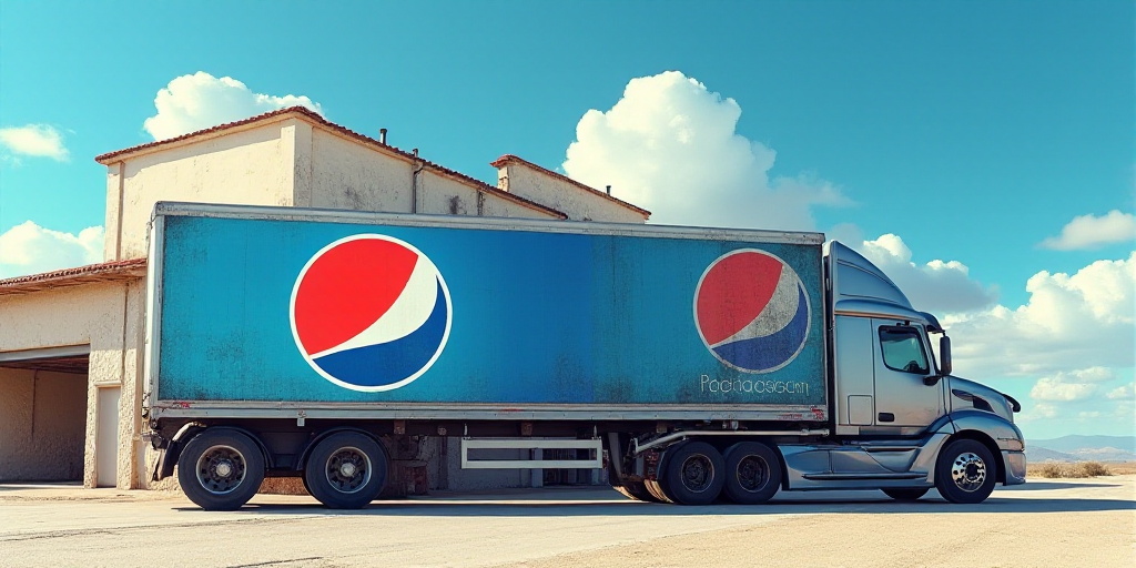 a large truck is parked in front of a building with a pepsi advertisement on it's side and a blue sk