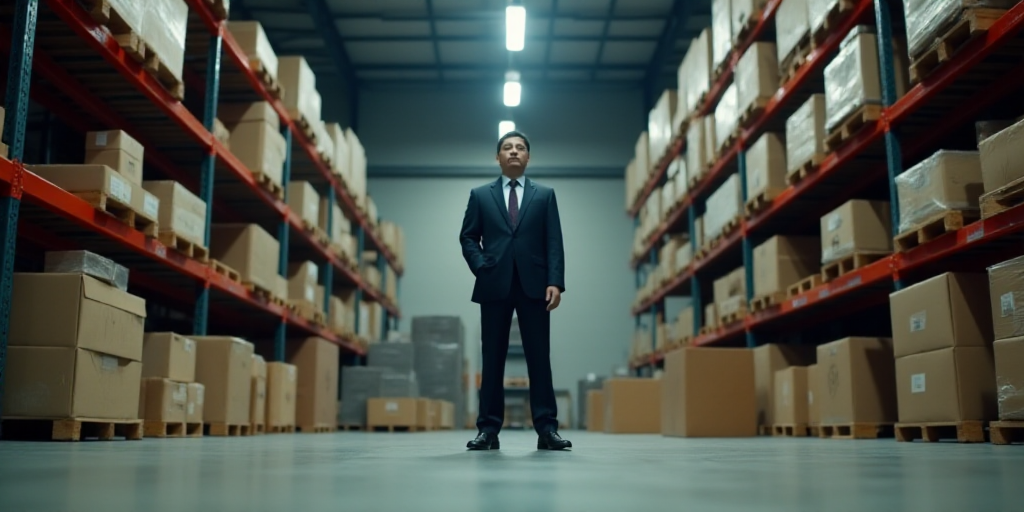 a large warehouse with a lot of shelves and boxes on the floor and a man in a suit and tie, Cao Zhib