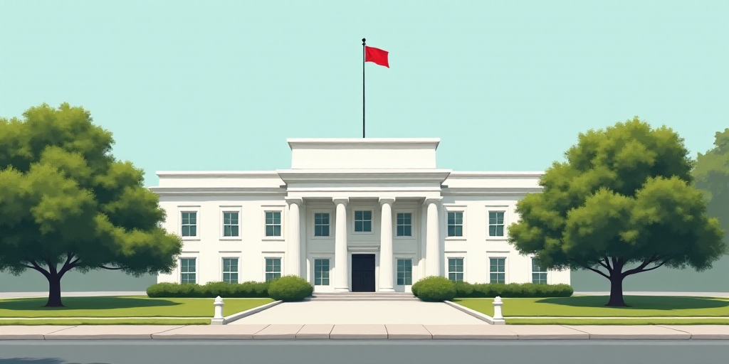 a large white building with a flag on top of it's roof and trees in front of it, Brenda Chamberlain,