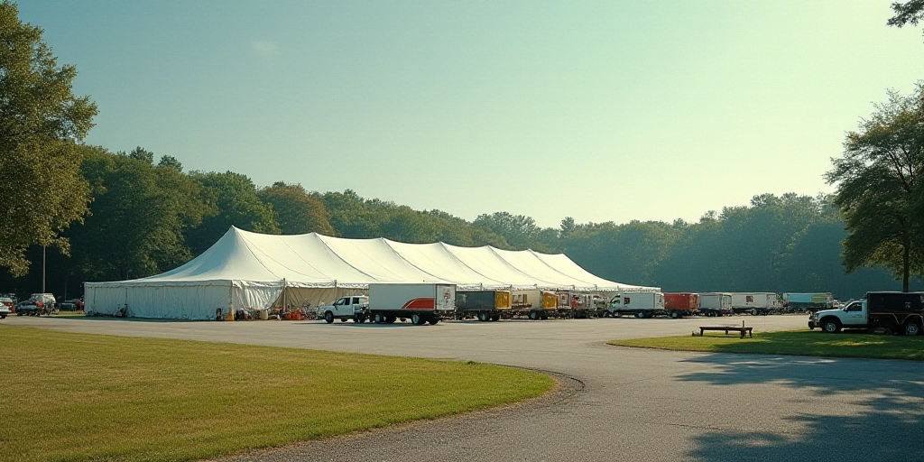a large white building with a lot of tents around it and trees in the background and a parking lot w