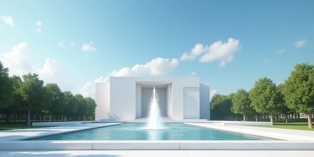 a large white building with a fountain in front of it and a blue sky in the background with a few cl