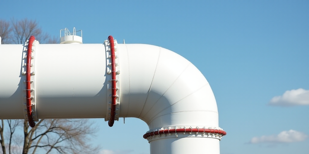 a large white pipe with red piping on it's side and a blue sky in the background, Constant Permeke,