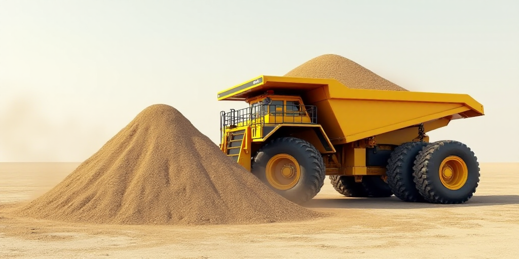 a large yellow truck is dumping sand into a pile of dirt and dirt mounds in the background is a dump