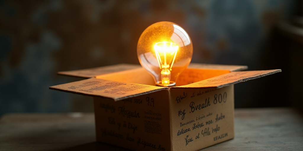 a light bulb is glowing in a box with a lot of writing on it and a blurry background, Andries Stock,