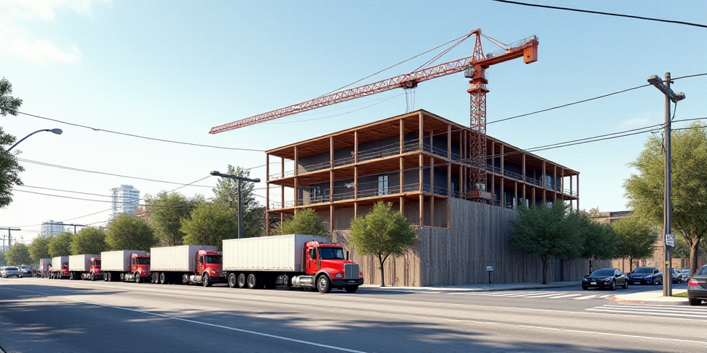 a line of trucks parked on a street next to a building under construction with a crane overhead abov