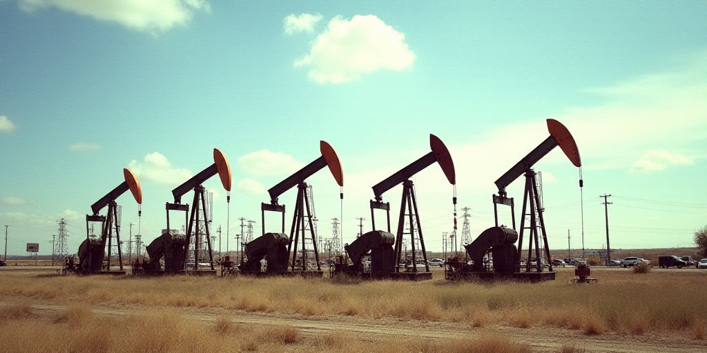 a lot of oil pumps in a field with a sky background and a few cars parked in the lot, Elbridge Ayer