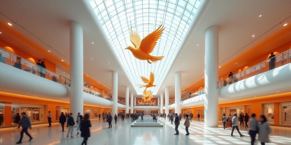 a mall with a large amount of people walking around it and a bird sculpture hanging from the ceiling