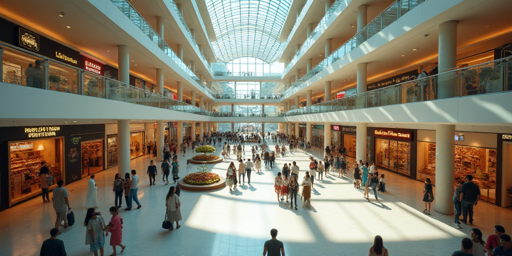 a mall with a lot of people walking around it and a few shops on the ground below them and a few peo