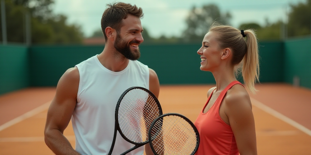 a man and a woman are standing on a tennis court holding tennis rackets and laughing at each other,