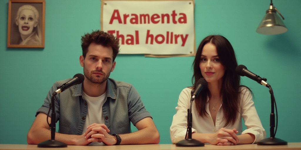 a man and a woman sitting at a table with microphones in front of them and a sign behind them, Arame