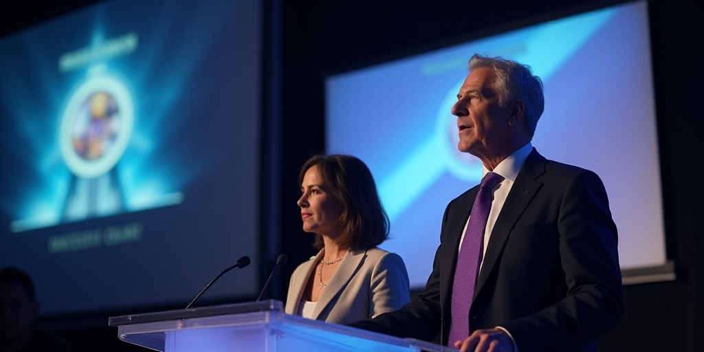 a man and a woman standing at a podium in front of a screen with a logo on it and a purple tie, Arac