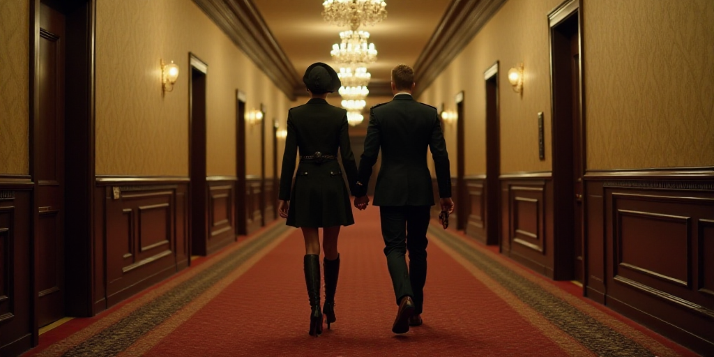 a man and a woman walking down a carpeted hallway together, dressed in military uniforms and holding