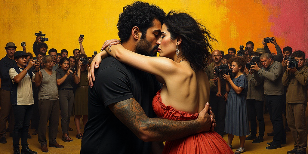 a man and woman are hugging in front of a crowd of people with cameras around them and taking pictur