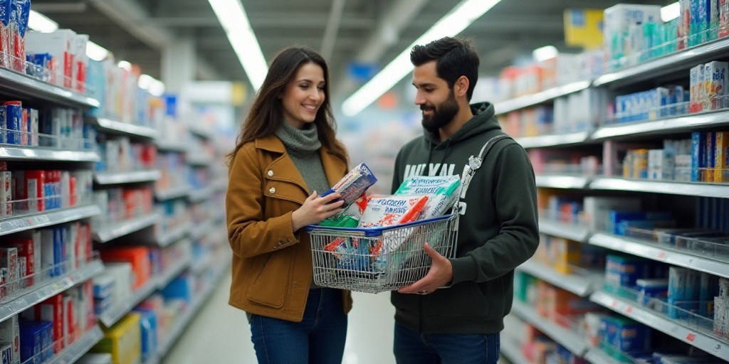 a man and woman are shopping at a store with toothbrushes and toothpaste on display in front of them