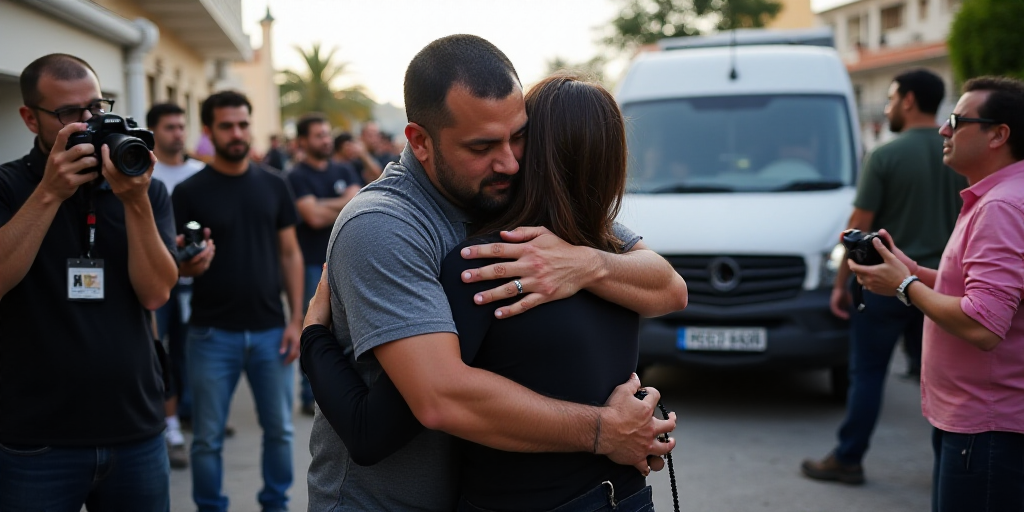 a man and woman hug each other in front of a crowd of people with cameras around them and a van, Est