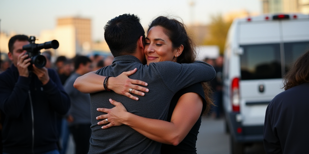 a man and woman hug each other in front of a crowd of people with cameras around them and a van, Est